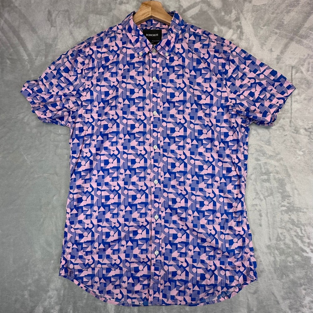Bonobos Shirt Large Long Pink Blue 100% Cotton Geometric Slim Fit Excellent